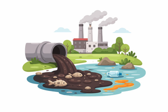 Industrial pollution scene with toxic waste and dead fish in polluted river