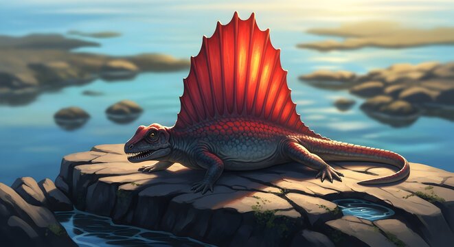 Dimetrodon Prehistoric Reptile with Red Sail Resting on Rock by the Lake, Ancient Nature Wildlife Scene Vector Illustration