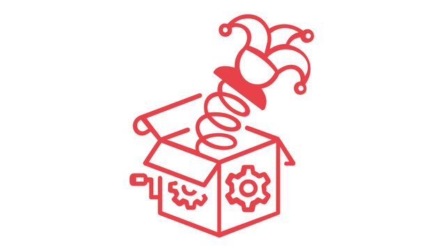 Vibrant Purple and Red Gradient Jack-in-the-Box Vector Icon Illustration Featuring a Jester Popping Out of a Mechanical Box with Gears and Crank Handle, Minimalist Surprise Toy Graphic Design.