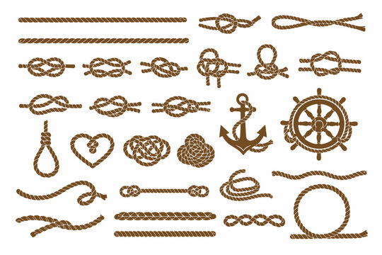 Collection of nautical rope knots and maritime symbols featuring anchor and ship wheel