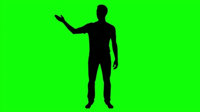 Full Body Silhouette of a Man Presenting and Pointing to His Left Side on a Green Screen Background