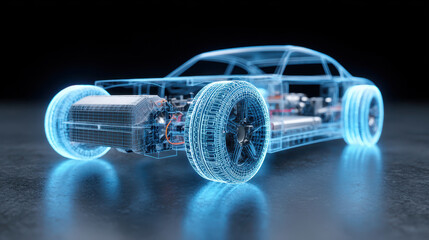 Fototapeta premium Transparent futuristic car model with glowing blue wireframe and visible internal components on dark surface