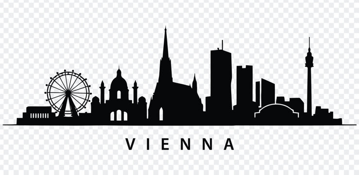Black silhouette of vienna city skyline with famous landmarks and ferris wheel
