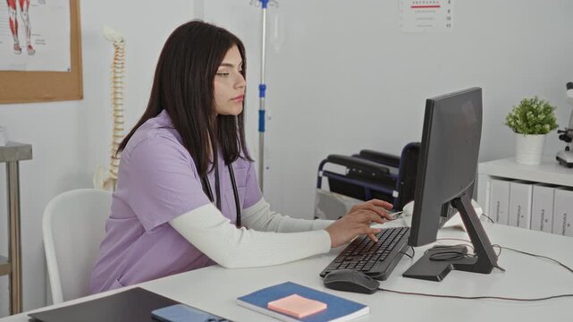 Young woman typing at computer with raised finger at reception desk in clinic, wearing purple scrubs and stethoscope; professional focus.