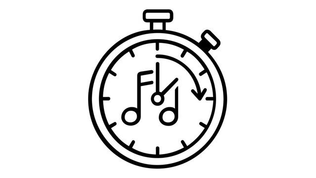 Minimalist vector icon illustration of a stopwatch timer featuring musical notes, symbolizing rhythm, tempo control, and song duration. Perfect for music production apps and digital interfaces.