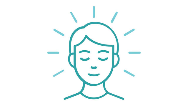 Minimalist vector icon illustration of a person with closed eyes and glowing rays, symbolizing mindfulness, meditation, mental health, inner peace, zen, consciousness, and spiritual wellness.