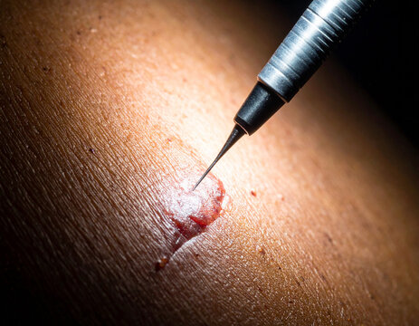 Clinical penlight illuminating the edge of a wound on dark skin to reveal textural changes in dermis.