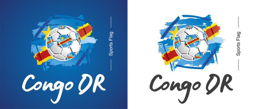 Abstract Congo DR national flag ribbon soccer ball sport icon label banner handwritten typography lettering