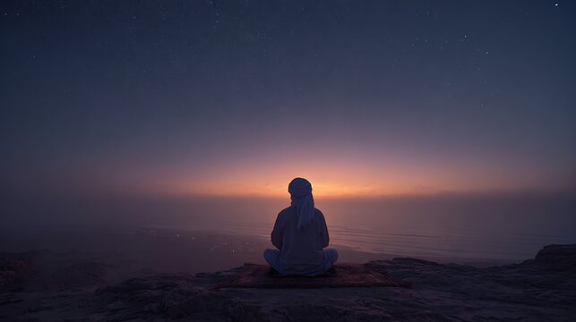 Nocturnal stillness: A lone figure engages in quiet contemplation under a starlit sky, a study in light, shadow, and the human connection to the cosmos.
