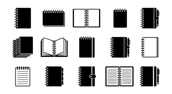 Minimalist spiral notebook icon set, 15 black and white vector notepad symbols, office stationery and journal diary collection for business apps