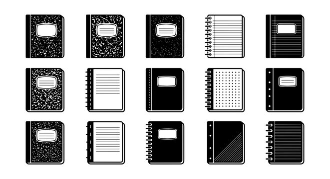 Composition notebook vector icons set, black and white school journals and spiral pads, 15 stationery elements for education and office design