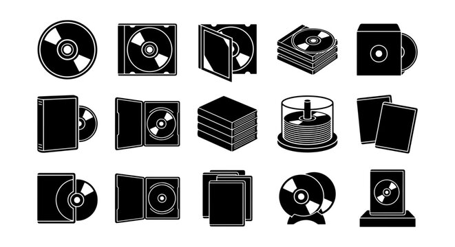 Compact disc icon set, 15 black and white CD and DVD vector elements, digital storage media symbols, optical disc packaging and case illustrations