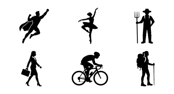 Black silhouette people icons set, diverse human figures including superhero and ballerina, professional and athletic character vector collection