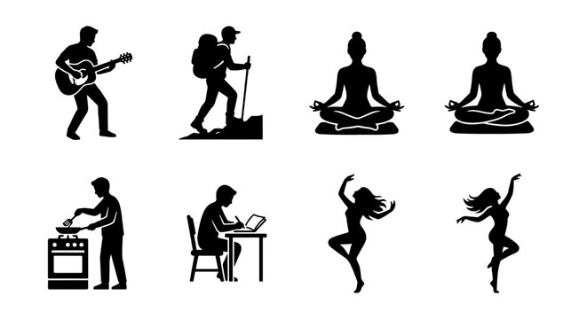 Lifestyle hobby silhouettes set, 8 black vector icons of people activities, yoga meditation and dancing figures, hiking and music playing symbols