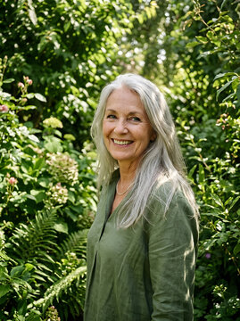 Smiling senior woman with long grey hair in a lush green garden