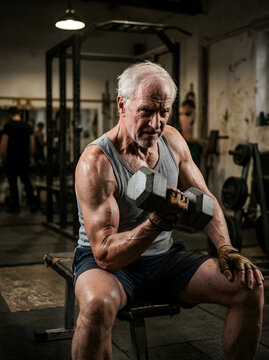 Muscular senior man performing bicep curls with a heavy dumbbell in a gritty gym
