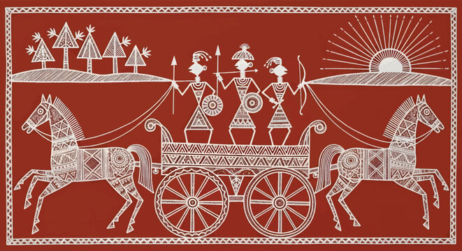 Warli art illustration of tribal warriors on a horse chariot, traditional Indian folk painting style, ethnic wall art vector with hunters and horses