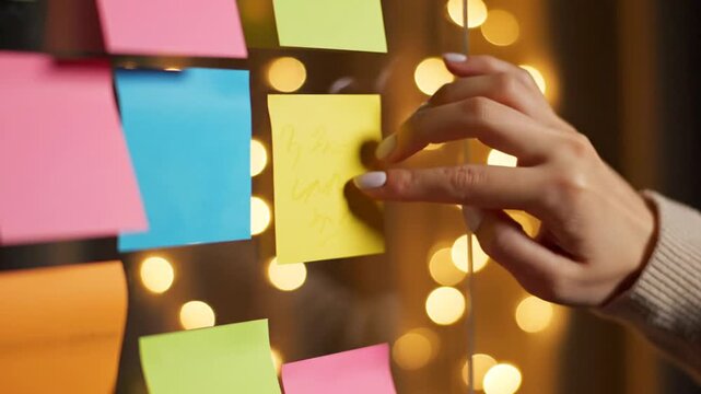 Person sticking yellow note on glass board with bokeh background