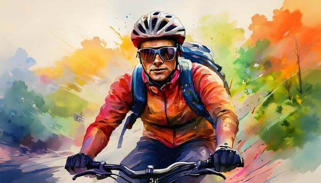 Dynamic cyclist riding a mountain bike through a colorful landscape