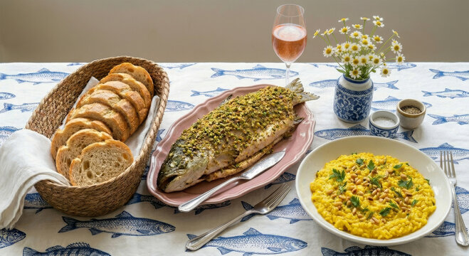 Baked fish with a pistachio crust served with saffron risotto and bread on a decorated table.