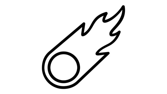 Falling meteor or comet celestial body with flame tail, minimalist black and white line art vector icon illustration. Scalable graphic design for astronomy, astrology, and space exploration themes.