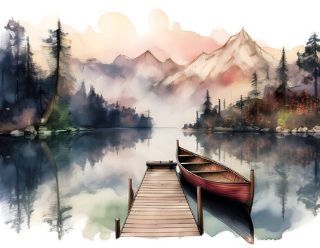 Serene mountain lake with wooden pier and red canoe