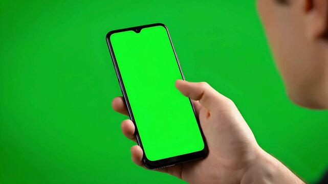 Close Up of Man Scrolling on Smartphone with Green Screen for Chroma Key Compositing on Green Screen Background
