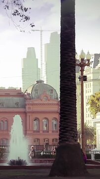 Panning Shot of May Pyramid, Fountain, and Casa Rosada - Vertical Video 4K