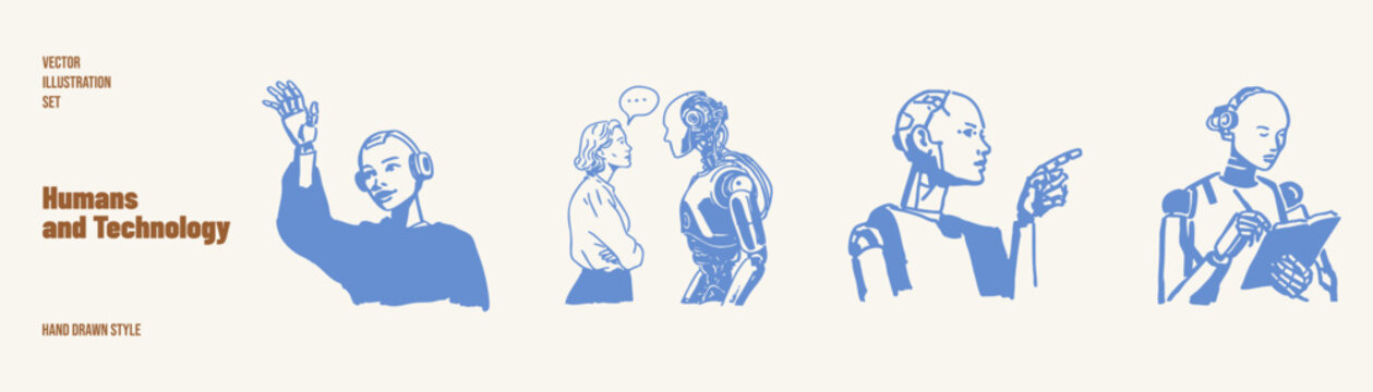 Human robot interaction ai communication futuristic technology concept set. Illustrations for tech presentations and digital products. Crayon drawn sketch style with clean precise lines.