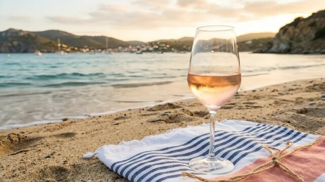 A rose wine glass on a striped towel over sandy ground near a peaceful coast, soft sea backdrop and warm light shaping a restful summer moment, ultra-realistic, no logos.