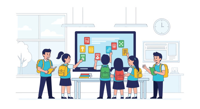 Children learning with interactive smartboard in modern classroom