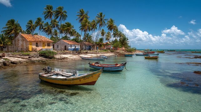 Tropical S&atilde;o Miguel dos Milagres, Alagoas, featuring coral reef landscapes, a natural paradise with a coastal village, boats on the sea and river.