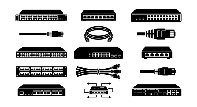 Network switch and ethernet cable icons set, black silhouette server hardware and router equipment, 14 vector elements for IT infrastructure