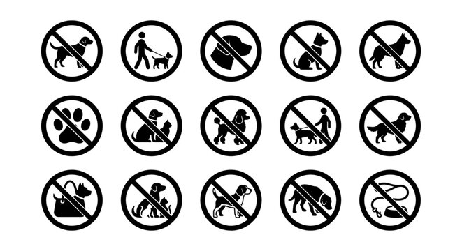 Prohibited dog signs collection, 15 black vector icons of no pets allowed symbols, restricted animal access warning labels for public areas
