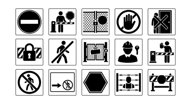 Industrial safety signs and restricted area icons, set of 15 black and white warning symbols, construction site security and no entry vector graphics