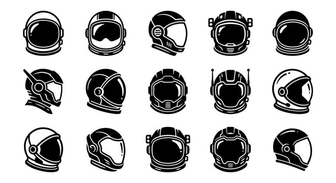 Astronaut helmet icon set, 15 space suit headgear vector elements. Minimalist black and white cosmonaut equipment, futuristic sci-fi helmet collection