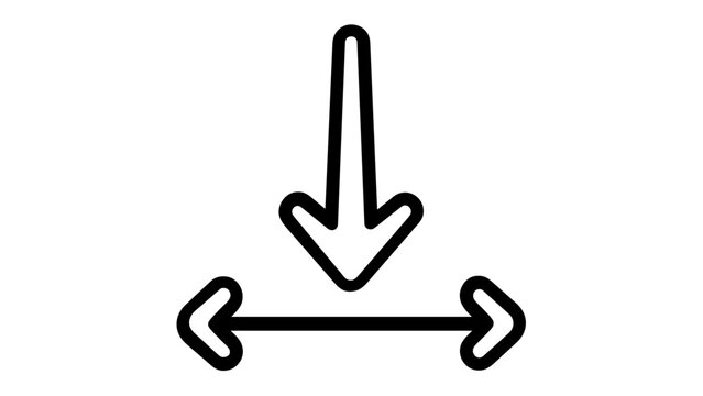 Minimalist black line vector icon illustration of a downward arrow pointing to a horizontal double-headed arrow, representing movement, resizing, or drag and drop UI functionality for web design.