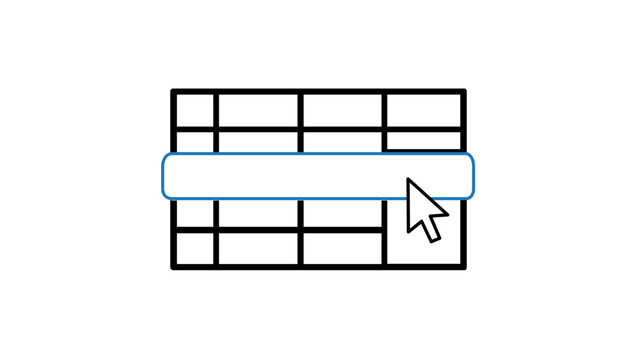 Minimalist vector icon illustration of a digital spreadsheet grid with a blue highlighted row and a mouse cursor pointer, symbolizing data selection, cell editing, and software interface.