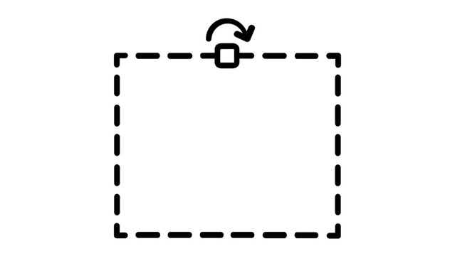Minimalist vector icon illustration of a rotation cursor tool featuring a dashed rectangular selection frame with a top handle and curved arrow, perfect for graphic design and UI editing apps.