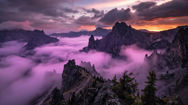Otherworldly violet fog wrapping dark terrain with jagged rocks and sparse trees, surreal landforms and moody gradients under a dramatic sky, haunting cinematic atmosphere, ultra-realistic, no logos.