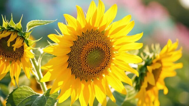 A field of magnificent sunflowers vibrant under the sun's gentle touch, showcasing their radiant beauty and the essence of a warm summer day