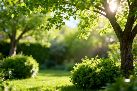 Sunny green garden background with lush grass and soft sunlight filtering through tree leaves