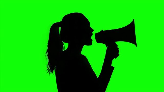 Silhouette of a Young Woman Shouting into a Megaphone and Making an Announcement on Green Screen VFX