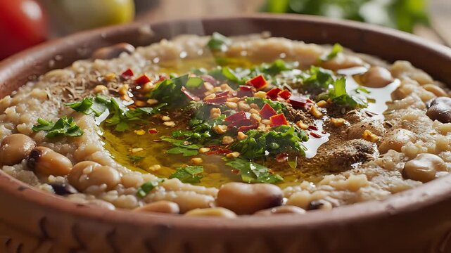 Delicious Ful Medames Dish with Olive Oil and Herbs.