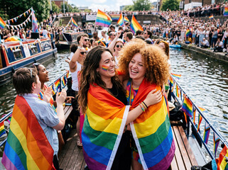 Two people smile and embrace while wrapped in a large rainbow pride flag during a celebratory event on a boat near a crowded waterway. © ginettigino