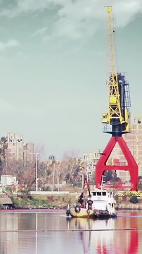 Pollution Cleanup Boat Working in Riachuelo River Near Historic Port Cranes in La Boca - Vertical Video 4K