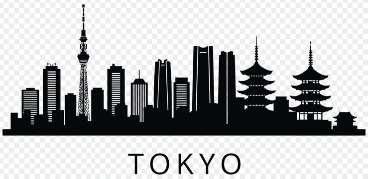 Black silhouette of tokyo city skyline with pagodas and skyscrapers
