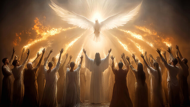 Pentecost Day - Holy Spirit emitting flame upon believers, apostles - HD [16:9] - Desktop Wallpaper Format