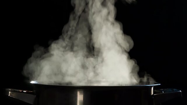 Steam Over a Pan of Soup. White Clouds of steam rise from under the raised cap on a black background