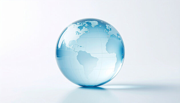 transparent blue crystal globe with world map, isolated on soft light background, realistic refraction and reflection, smooth glossy surface, high clarity, minimal clean design, global business and te